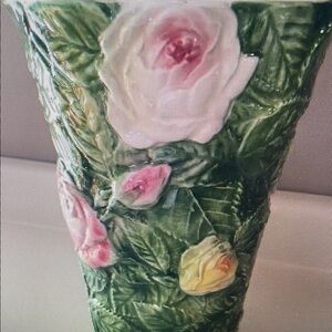 Floral Ceramic Vase with Green and Pink Accents